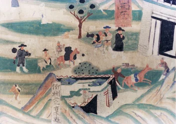 (détail) Carte de la montagne Wutai (Wutaishan), peinture murale des Cinq Dynasties (907 - 960) dans les grottes de Dunhuang, représentant des pèlerins arrivant à une auberge pour la nuit